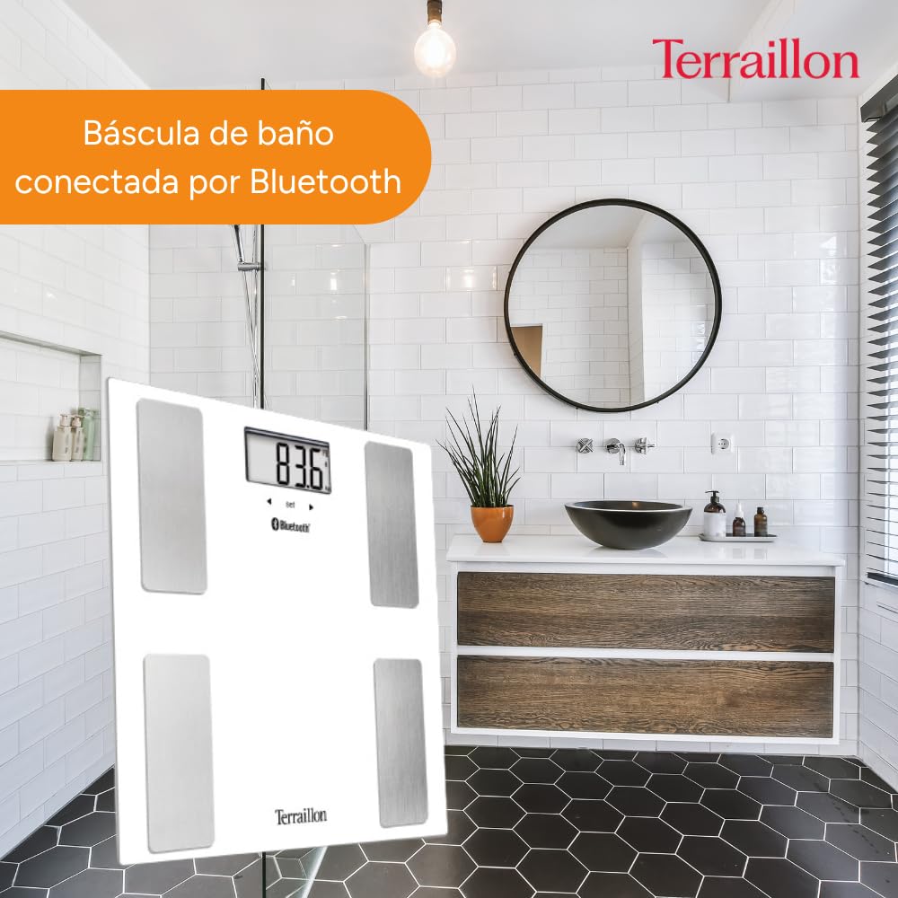 TERRAILLON Báscula de Baño Conectada SMART CONNECT - IMC - 8 Usuarios - Bluetooth Low Energy - Capacidad 160Kg - Blanco