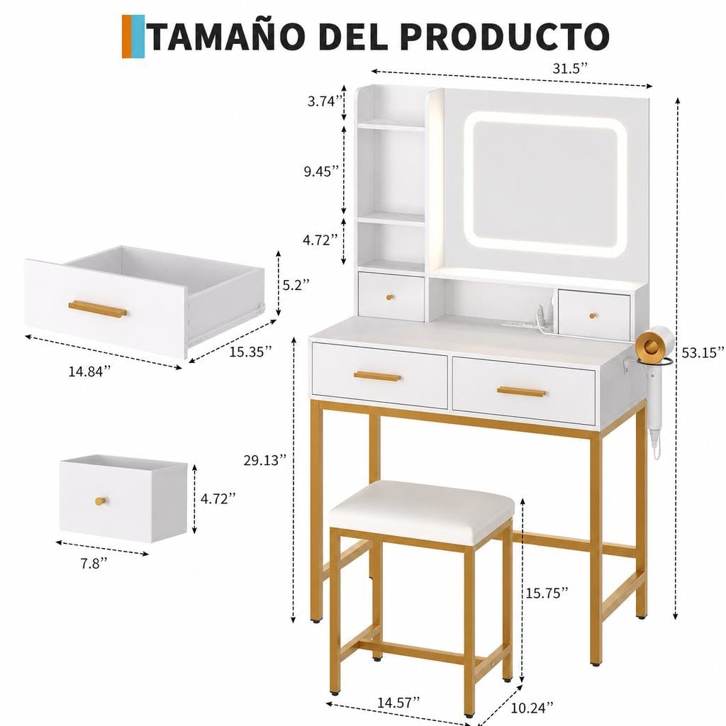 Garvee Tocador de Maquillaje LED Espejo 4 Cajones Carga USB con Taburete