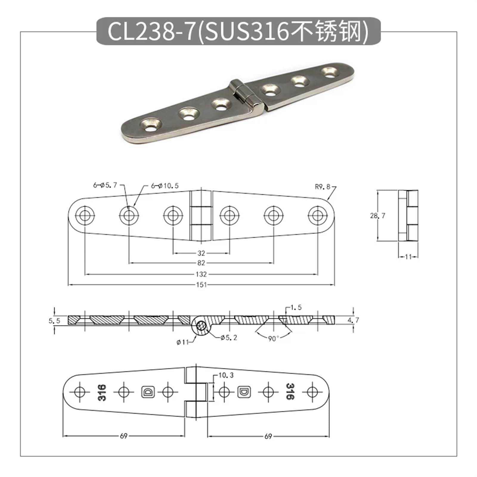 zawiasy 1 szt. Zawias ze stali nierdzewnej 316 z paskiem morskim 100 mm Heavy Duty 4 otwory na sprzęt jachtowy łodzi(Paragraph 2)