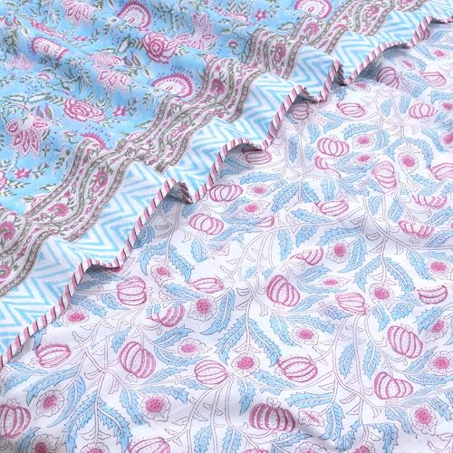 Image of TOAIArt Premium Jaipuri Dohar | AC Blanket Summer Quilt | Hand Block Printed | 3 Layers | Reversible | 150GSM 100% Mulmul Cotton | 100% Cotton Flannel Filling | Single 60 inch X 90 inch |Pink Florals on Blue