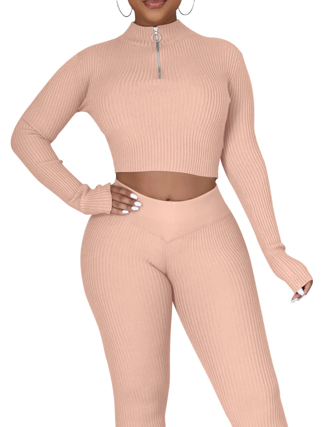 Womens Knit Sweater Two Piece Outfits Set, Stretchy Pullover Long Sleeve Tops and High Waist Long Pants Loungewear Tracksuit