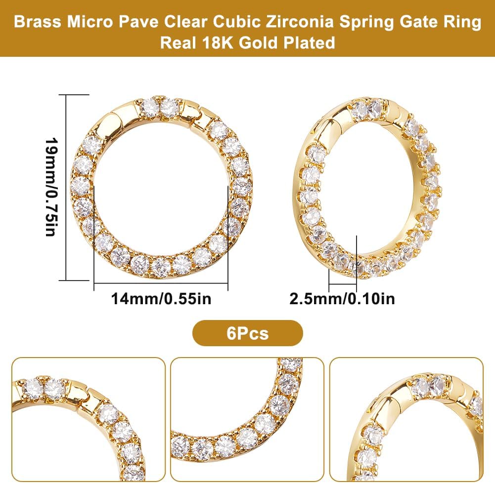 SUNNYCLUE 1 Box 6Pcs Real 18K Gold Plated Spring Gate Rings Carabiner Ring Jewelry 19mm Round Brass with Cubic Zirconia Circle O Trigger Snap Hook Buckle Clasp for Purse Jewelry Bag Keychain DIY Craft