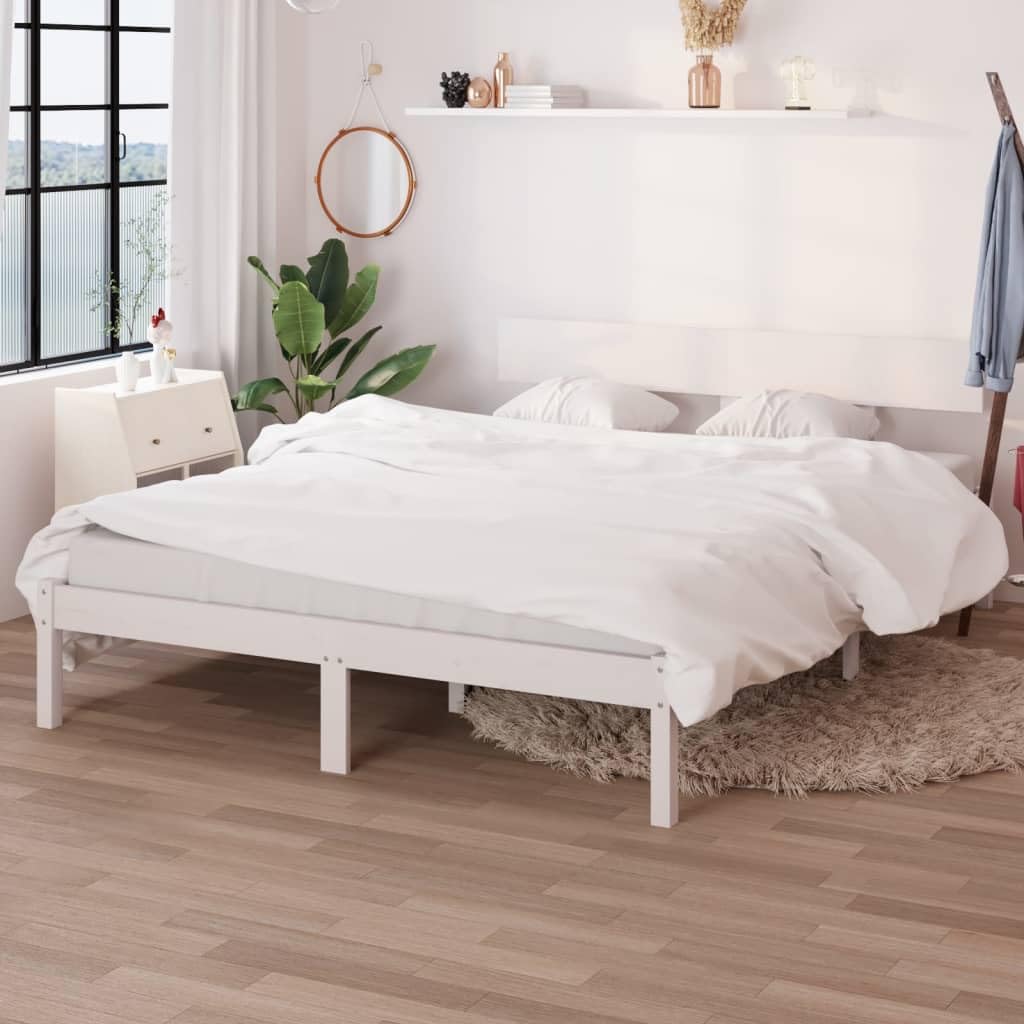 Cadre De Lit En Pin Massif 150x200 Cm - Sommier à Lattes, Design Sobre, Couleur Blanc - 6