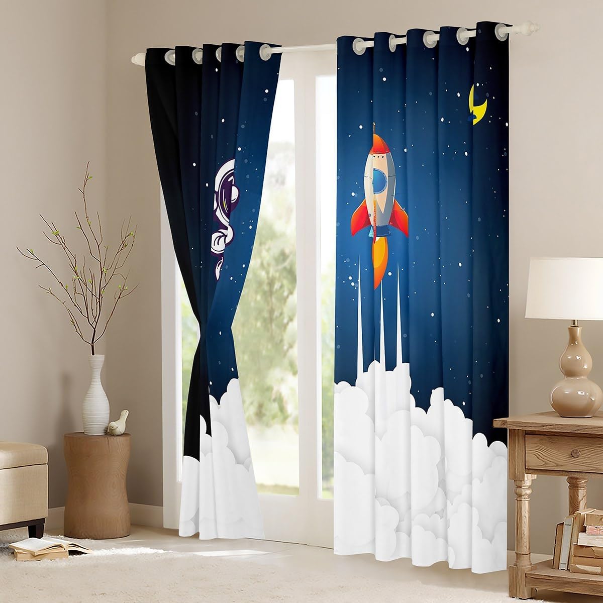 Kids Astronaut Rocket Window Curtains for Bedroom Living Room Cartoon Space Rocket Curtains Galaxy Cosmonaut Spaceman Window Drapes Boys Girls Teens Outer Space Window Treatments,42x84 Inches,2 Panels