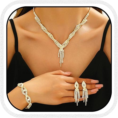 Aukmla Juego de joyas de novia con diamantes de imitación, collar de boda, aretes y pulseras para mujeres y novias