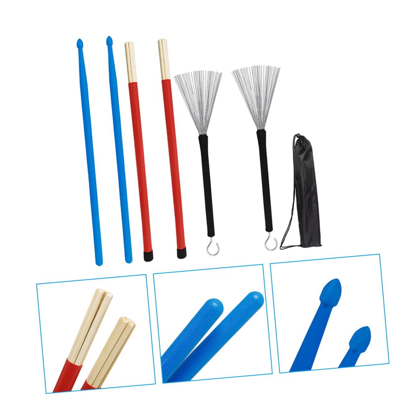 Kit Accessoires Batterie Comprenant Balai Fil D'acier, Baguettes Nylon Légères en Érable, Bloc de Serrage et Paquet de Rangement, Set Percussion Portable pour Répétition
