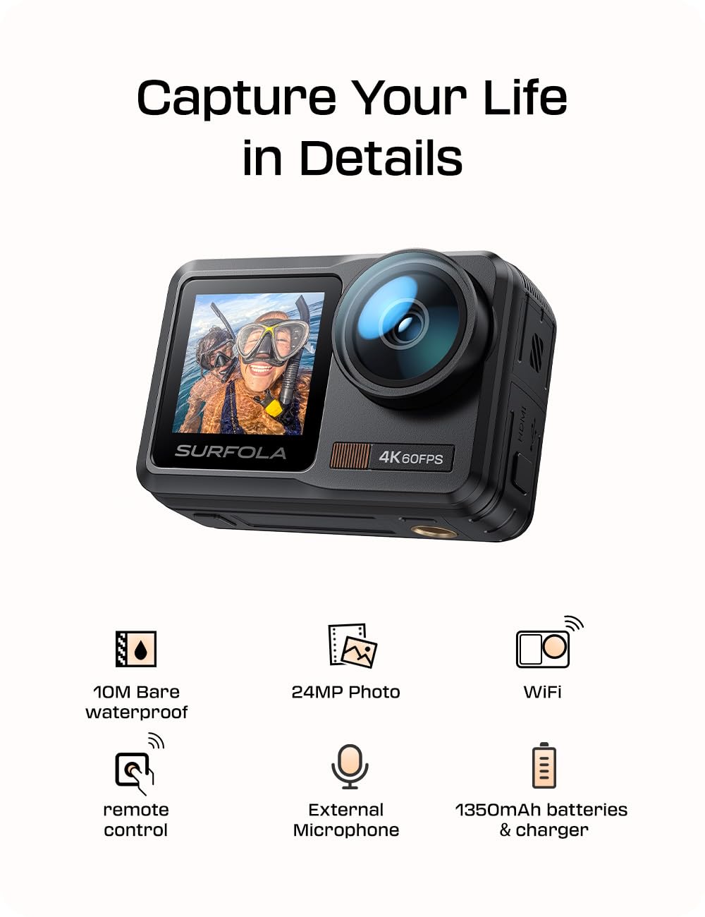 Action Cam SF630 4K 60FPS Underwater 40M Waterproof Camcorder - Dettaglio