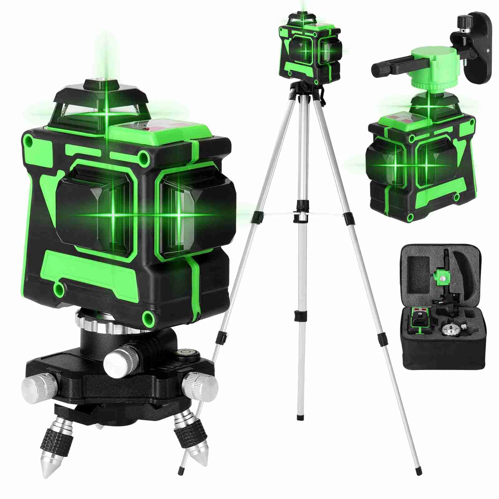 Bewinner Nivel Láser Autonivelante 3D de 12 Líneas, Haz Verde con Base Giratoria de 360° y Soporte de Trípode Ajustable, con Bolsa de Transporte para (multicolor)