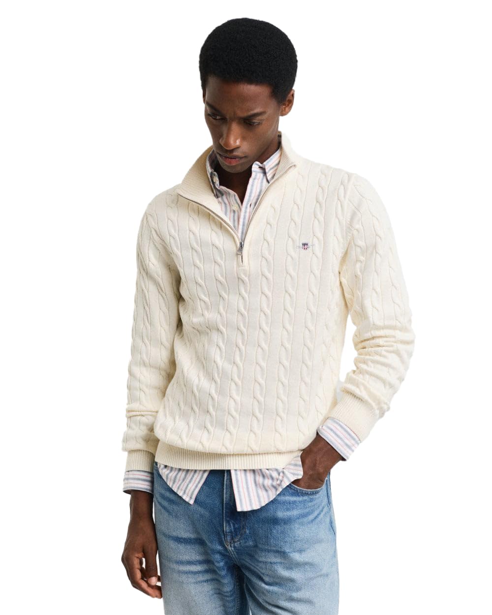Gant Men's Cream Cotton Cable Half Zip Pullover Sweater, 5XL
