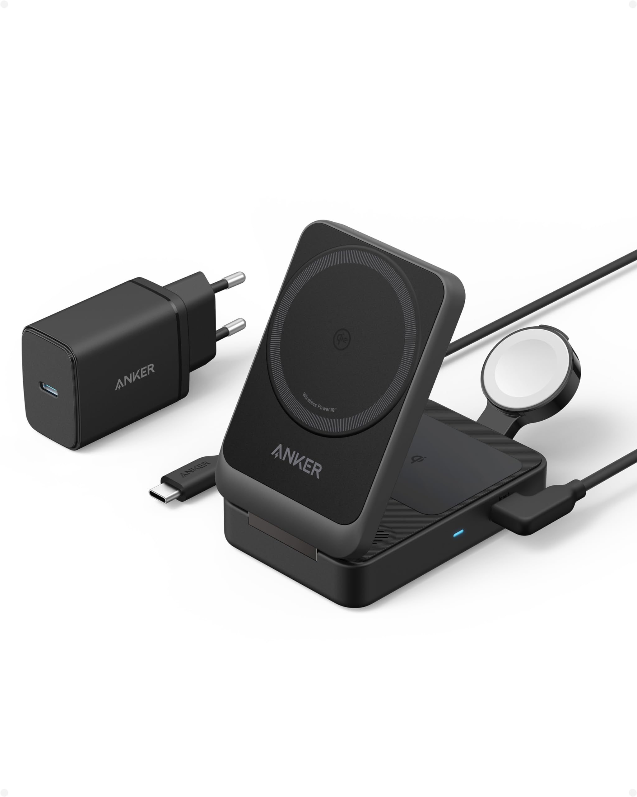 Anker MagGo Caricatore Wireless iPhone 15W, Base di Ricarica 3 in 1 con MagSafe, Certificato Qi2 Ultra-Rapido, per iPhone 17/16/15/14, AirPods Pro, Apple Watch 9/8/SE (Caricatore USB-C da 40W Incluso)