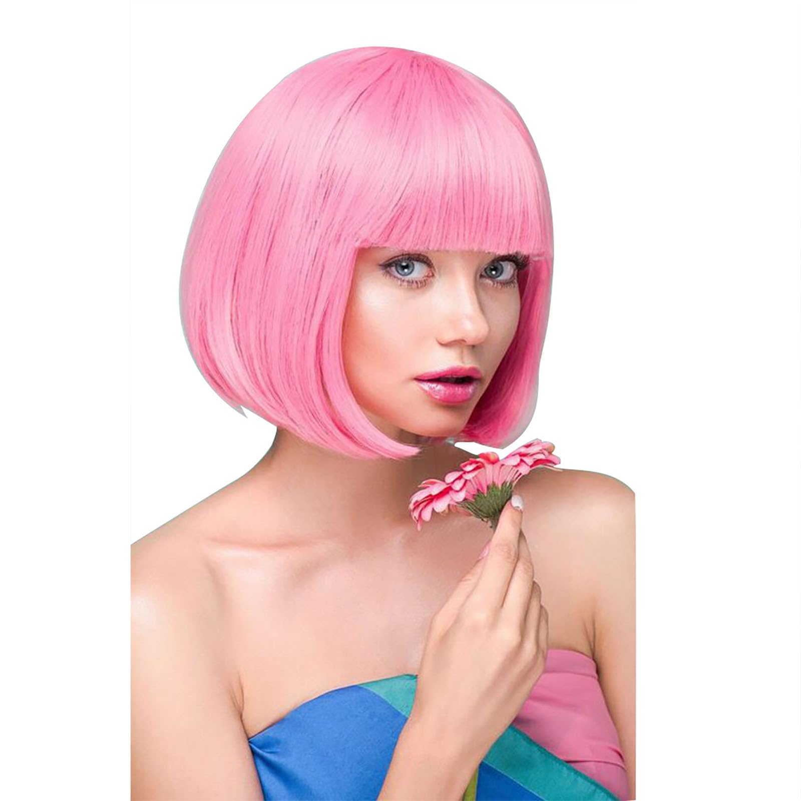 Dinghaole Pink Bob Wig - Short Neon Fancy Dress Up Wig for Adult Dancing Party, Bachelorette, One Size