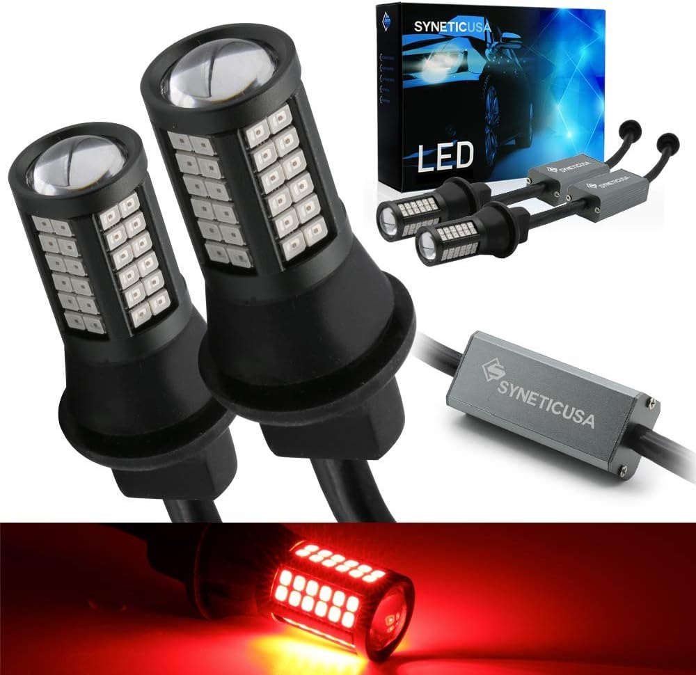 Syneticusa7443 Error Free Canbus Ready Red LED Brake Parking Tail Stop Turn Signal Light Bulbs DRL Parking Lamp No Hyper Flash All in One With Built-In Resistors