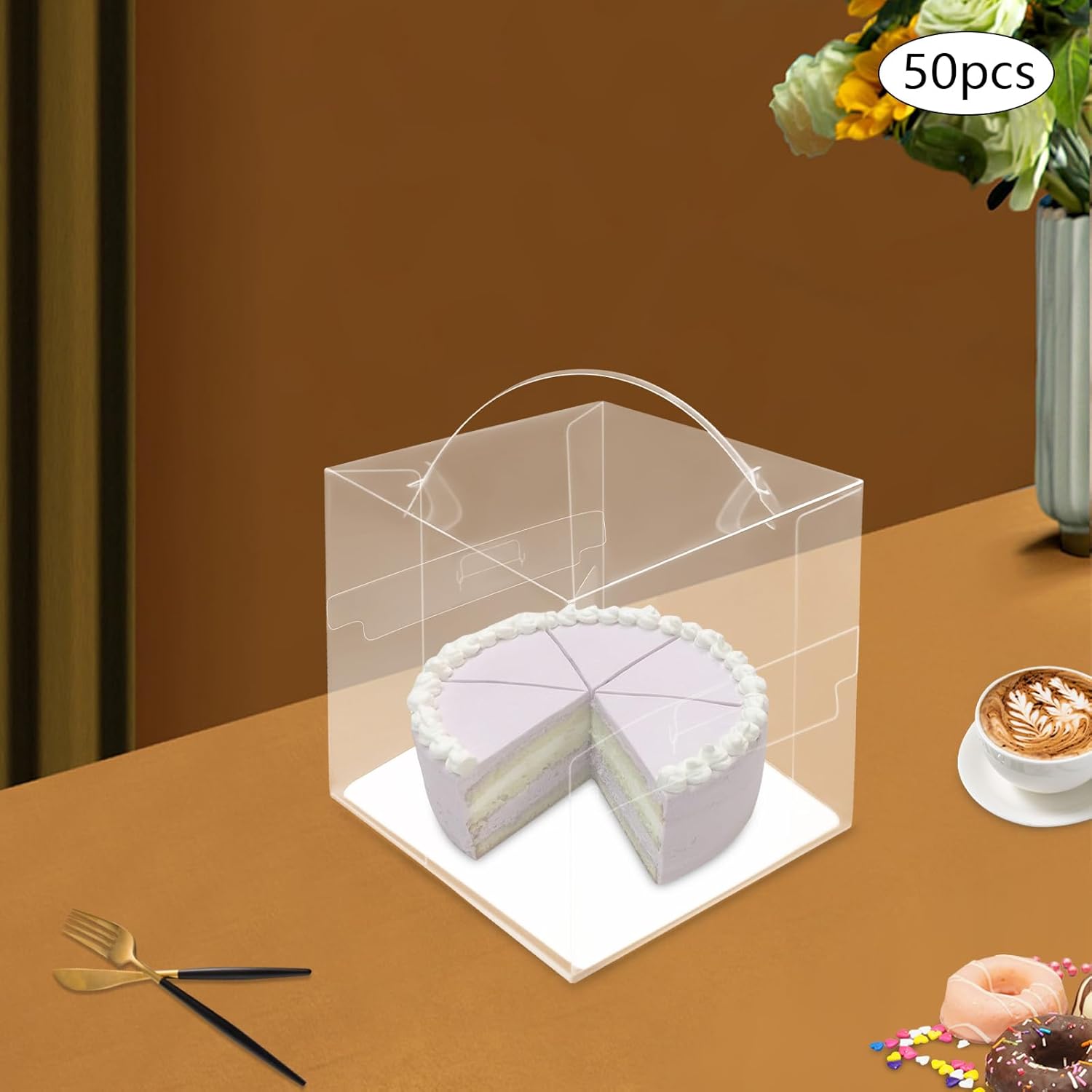 50Pcs Transparent Bakery Boxes, Mini Plastic Cake Carrier with Handles, Disposable for Party Wedding Graduation Cake Store (5.51 * 5.51 * 5.51in)