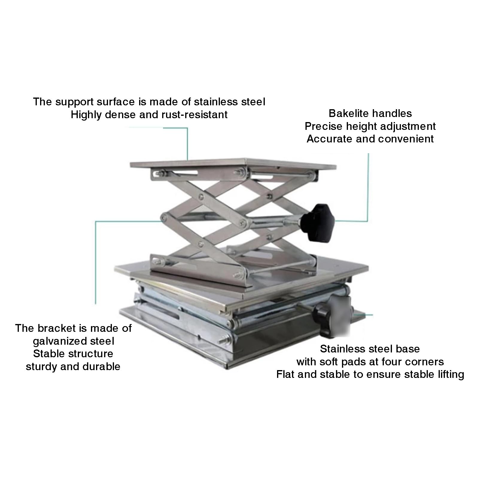 Soporte De Gato Laboratorio Acero Inoxidable, Plataforma | Con tapete antideslizante, rango de altura de elevación expandible 50-460 mm, peso máximo de soporte 25 kg(250x250mm)