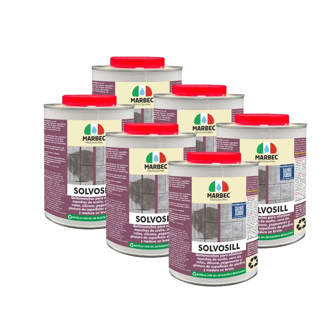 MARBEC SOLVOSILL 1KGx6Uds Detergente fuerte específico para eliminar aceites y grasas lubricantes, siliconas, ceras de velas, colas y pinturas del material de piedra.