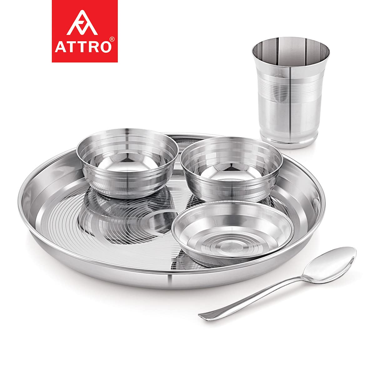 Attro Stainless Steel Silver Touch Finish Dinner Set of 1 Thali, 1 Plate, 2 Bowl   , 1 Glass, 1 Spoon (Thali Diameter 12 inch) - Set of 6, Standard - Image 2 thumbnail