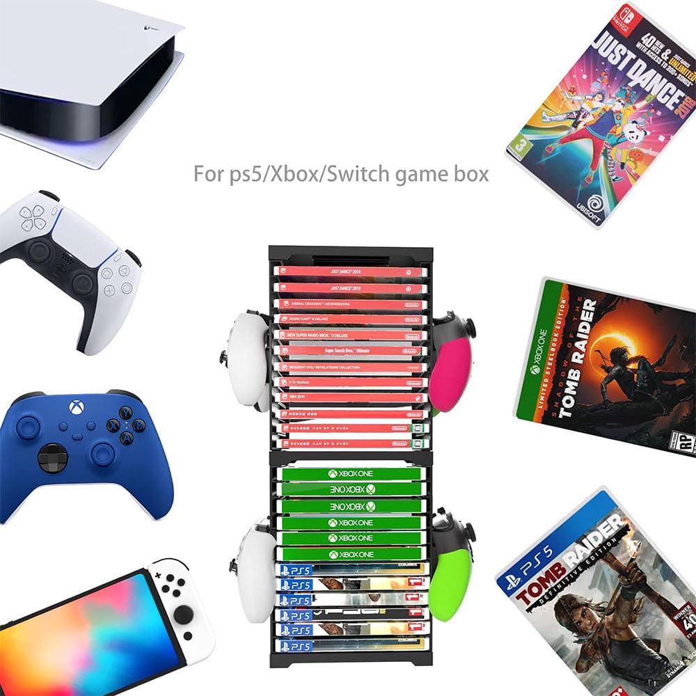 Wieża do przechowywania gier dla PS5, PS5 Przechowywanie płyt CD z grami, stojak na 24 płyty CD i 4 kontrolery dla SWITCH, Xbox Series S & X, Xbox One, PS4, PS3, Blu Rays