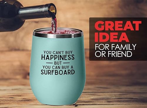 Surfing Teal Edition - Vaso de vino de 12 onzas, compra una tabla de surf, regalos para entusiastas del surf, deportes acuáticos, tabla de surf,