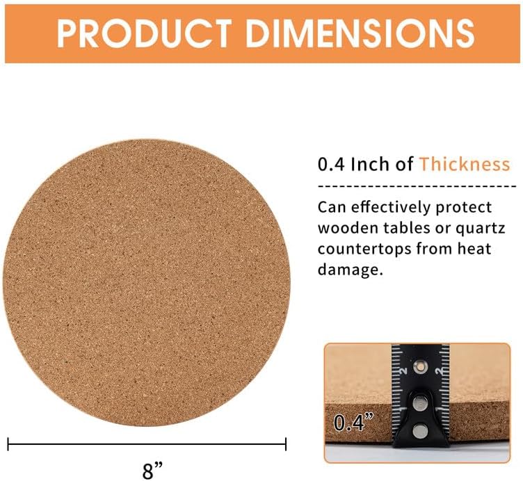 Miniatura 2 de Juego de 4 salvamanteles de corcho de alta densidad, 8 pulgadas de diámetro x 0.4 pulgadas de grosor, corcho redondo, almohadillas calientes para