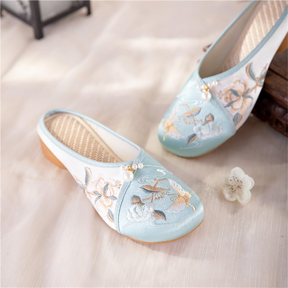 2025 Wykwintne Haftowane Kwiatowe Damskie Kapcie Buty W Stylu Chińskim Cheongsam Hanfu Lekkie, Swobodne, Okrągłe, Mule Eleganckie, Zabudowane Kapcie