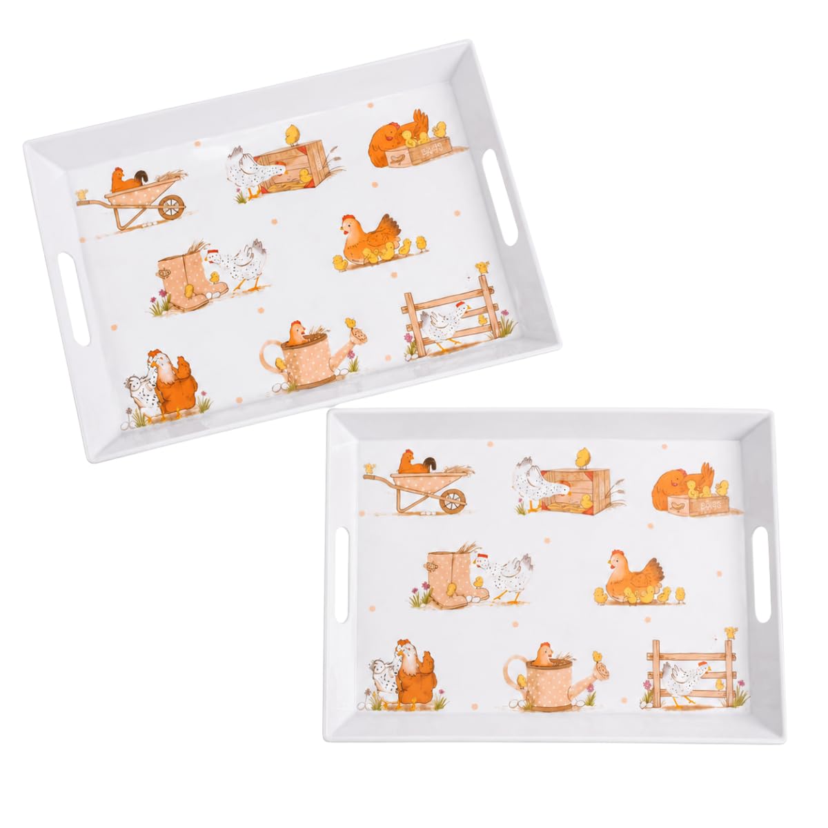 2 Dotty Hen Handled Serving Trays 38x28cm Farmhouse Drinks Snacks Platter