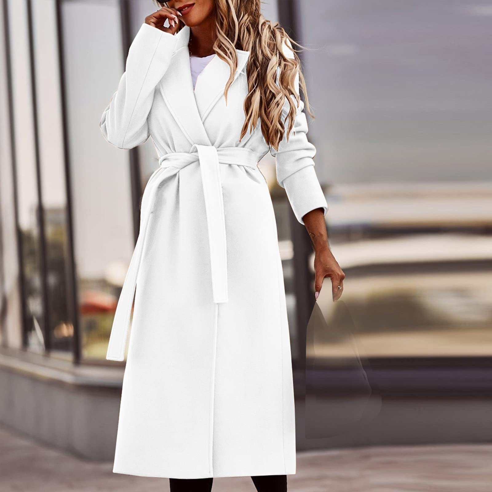 Générique Trench Femme Long Couleur Unie Ceinture Coupe Cintrée Manteau Automne Hiver Veste Au Tissu Élégant, Vêtement Avec Une Silhouette Raffinée, Agréable À Porter Pendant Les Journées Fraîches