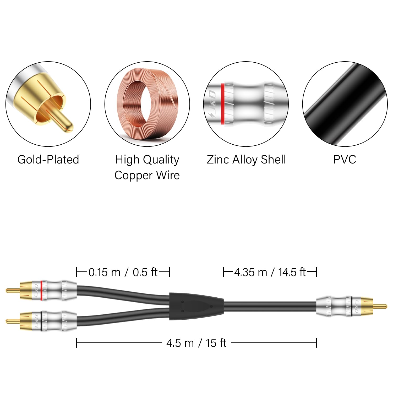J&D RCA Y-Adapter (4.5 Meter), 1 Male to 2 Male Y Splitter Digital Stereo Audio Cable Subwoofer Cord for Subwoofer HDTV - Image 2