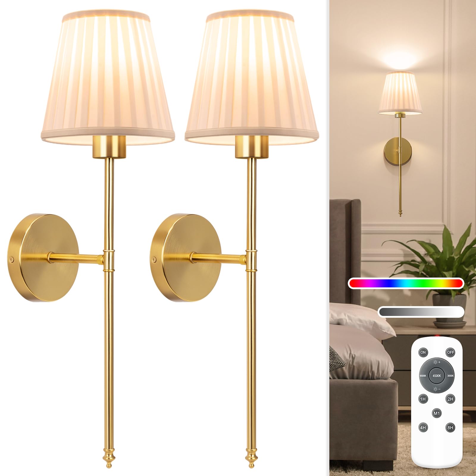 NIORSUN Battery Operated Wall Sconce Set of 2,Beige-Gold Rechargeable Wall Lights with 10400mAh Dimmable Bulbs and Remote, 9 Colors Wireless Wall Lamps for Bedroom Living Room Hallway