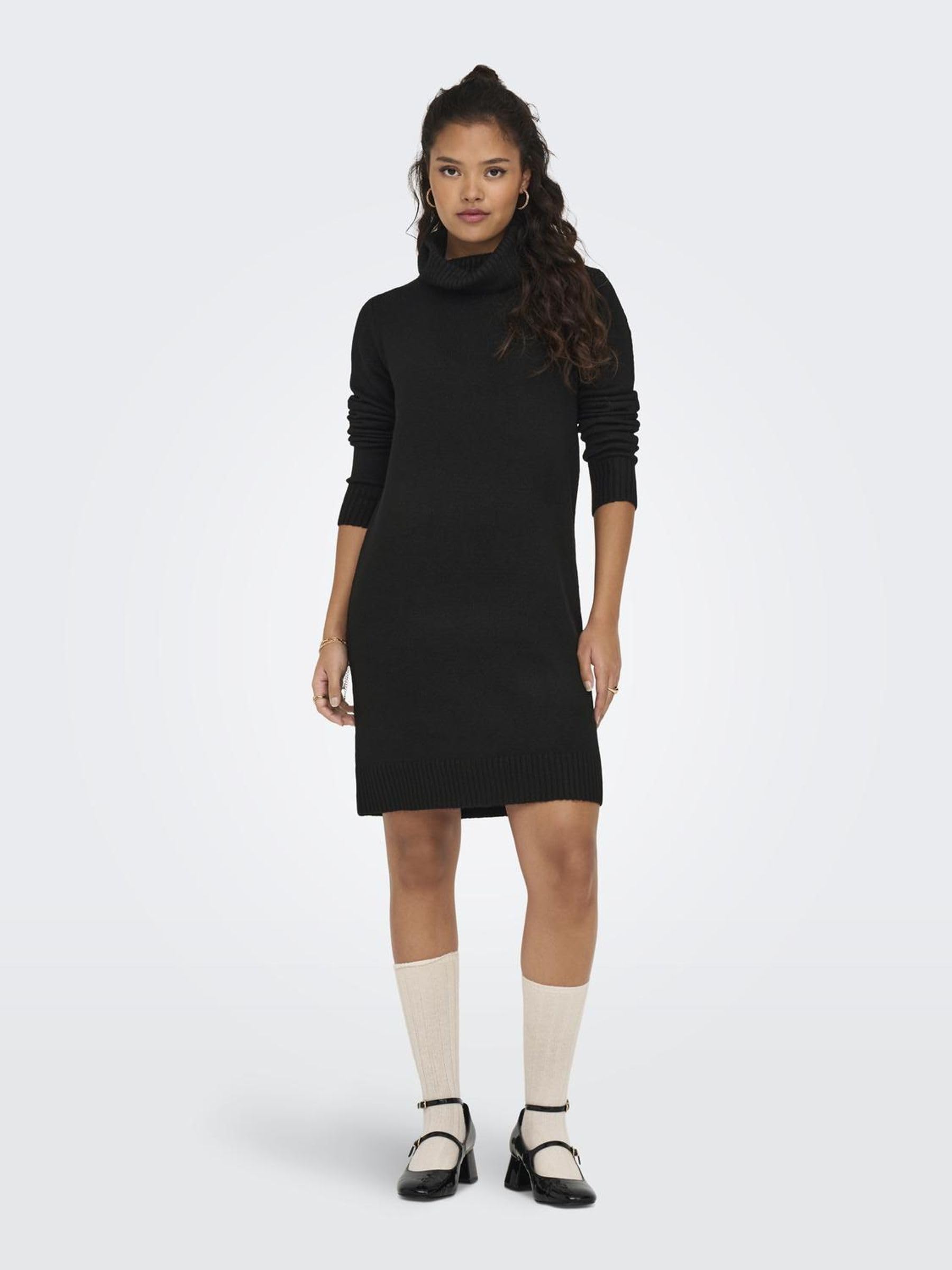 Robe en Tricot à Manches Longues Mini Robe col roulé Coupe régulière Pull Encolure Ronde mi-Longue JDYELANOR, Couleurs:Noir-2, Taille:XL