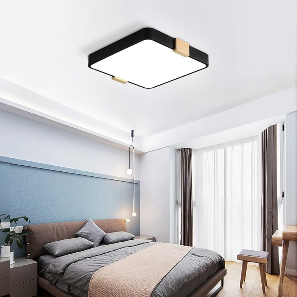 LYMSXAZOU Semi Flush Mount Ceiling Light Modern Wood Square LED Lamp Dimmable Lighting for Kitchen Bedroom Bathroom Laundry Room Living Hallway(Black 19.7in)