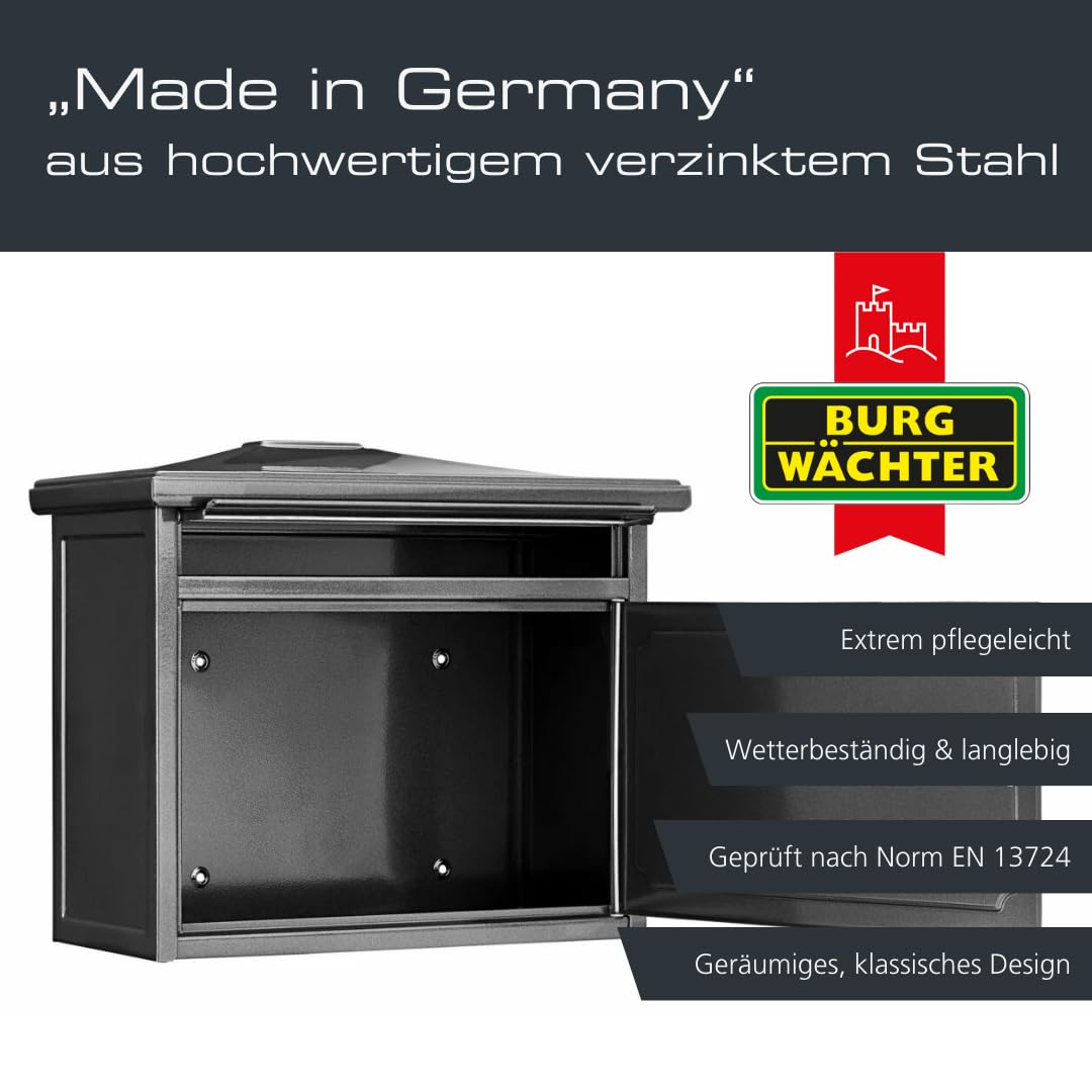 BURG-WÄCHTER Briefkasten ohne Zeitungsfach und Namensschild, Verzinkter Stahl, Einwurf-Format DIN C4, 2 Schlüssel, Kopenhagen 882 E, Alteisen