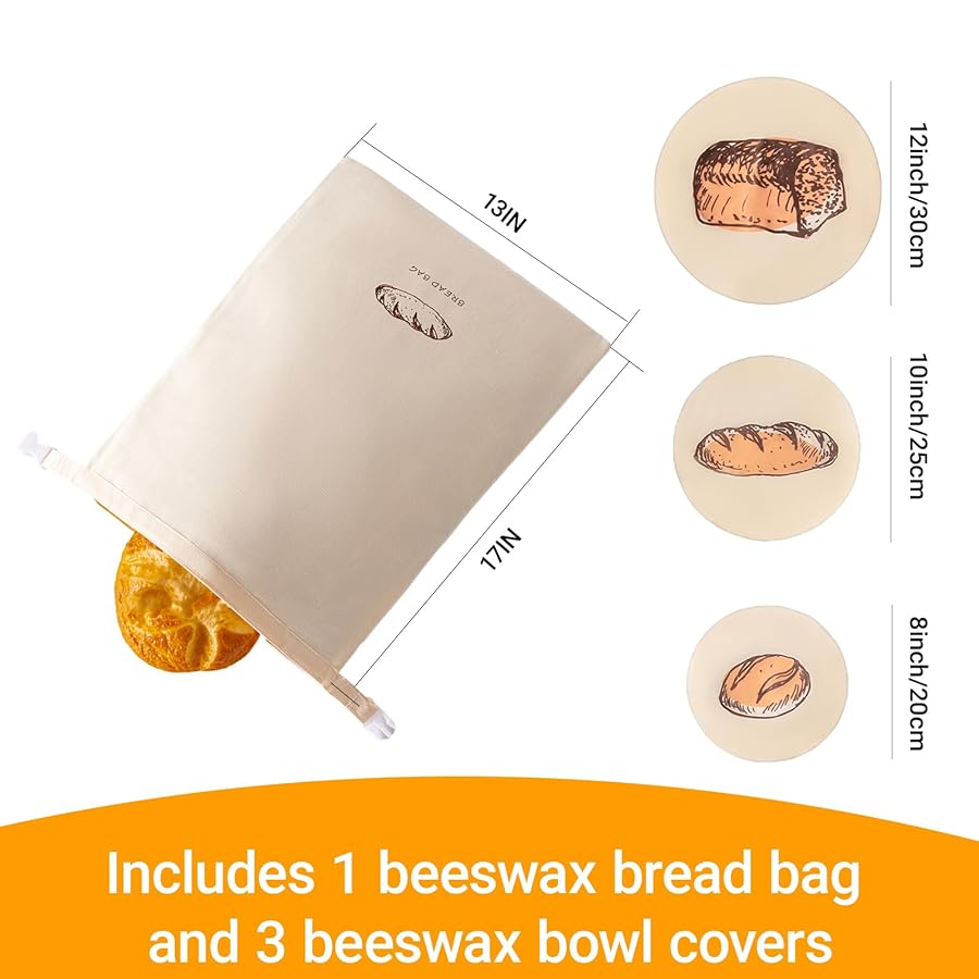 Reusable Beeswax Bread Bag for Sourdough & Homemade Bread and 3-Pack Organic Cotton Beeswax Bowl Covers, Keep Bread Fresh Longer, Freezer-Safe, Easy to Clean, Natural Beeswax Lining for Freshness - image 2