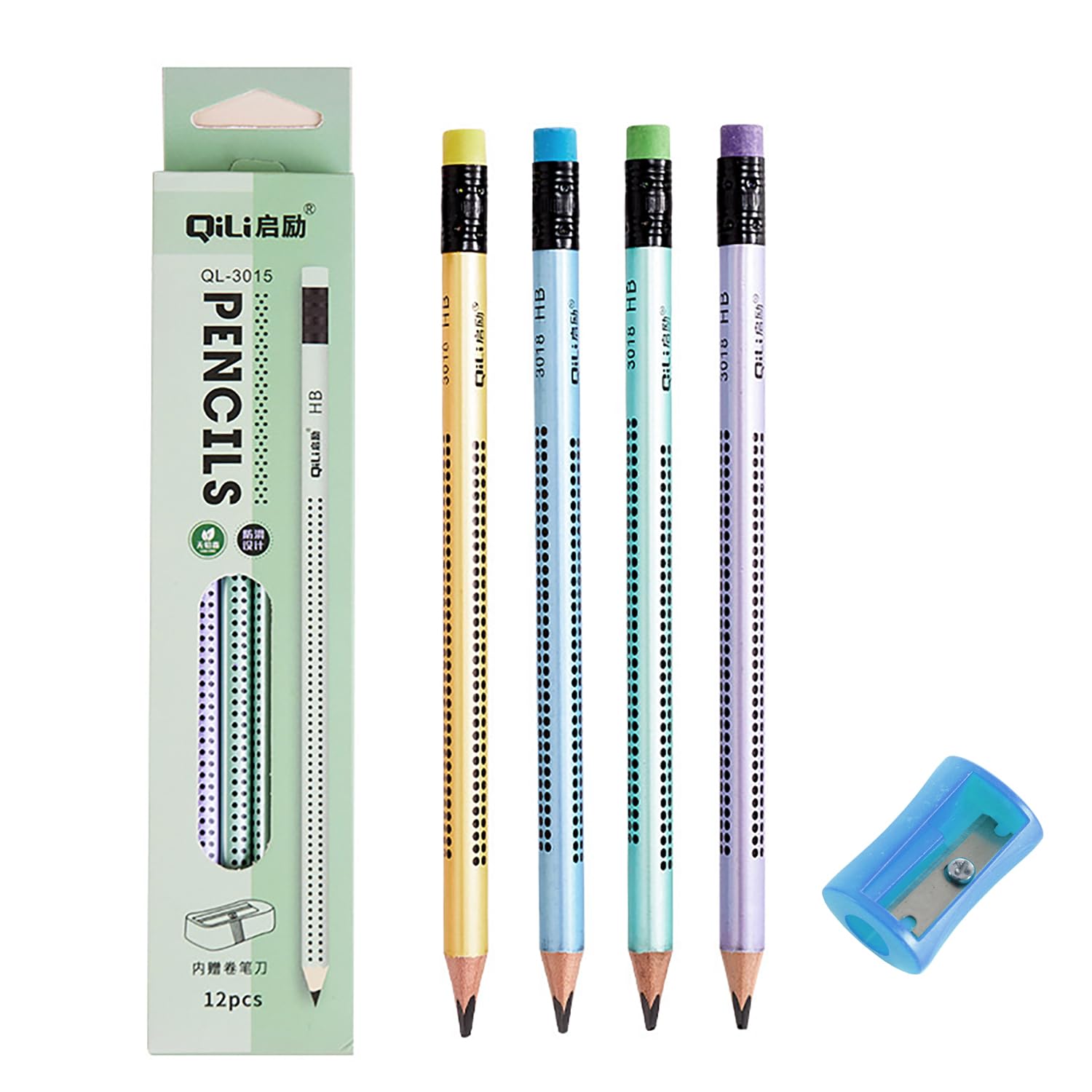 EUZUXU 12 Piezas Lapices HB, Lápices de Grafito Antideslizante, Lapiz con Goma de Borrar y Sacapuntas, Lapiceros HB para Exámenes, Escuela, Oficina, Dibujo y Bosquejos