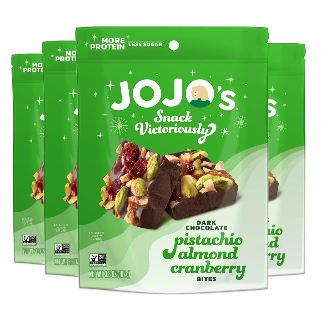 JOJO's Dark Chocolate Pistachio Almond Cranberry, Healthy Snack, Low Sugar, Low Carb, Gluten Free, Non GMO, Paleo & Keto Friendly, Made with Plant Based Hemp Protein, Vegan (4 Count)