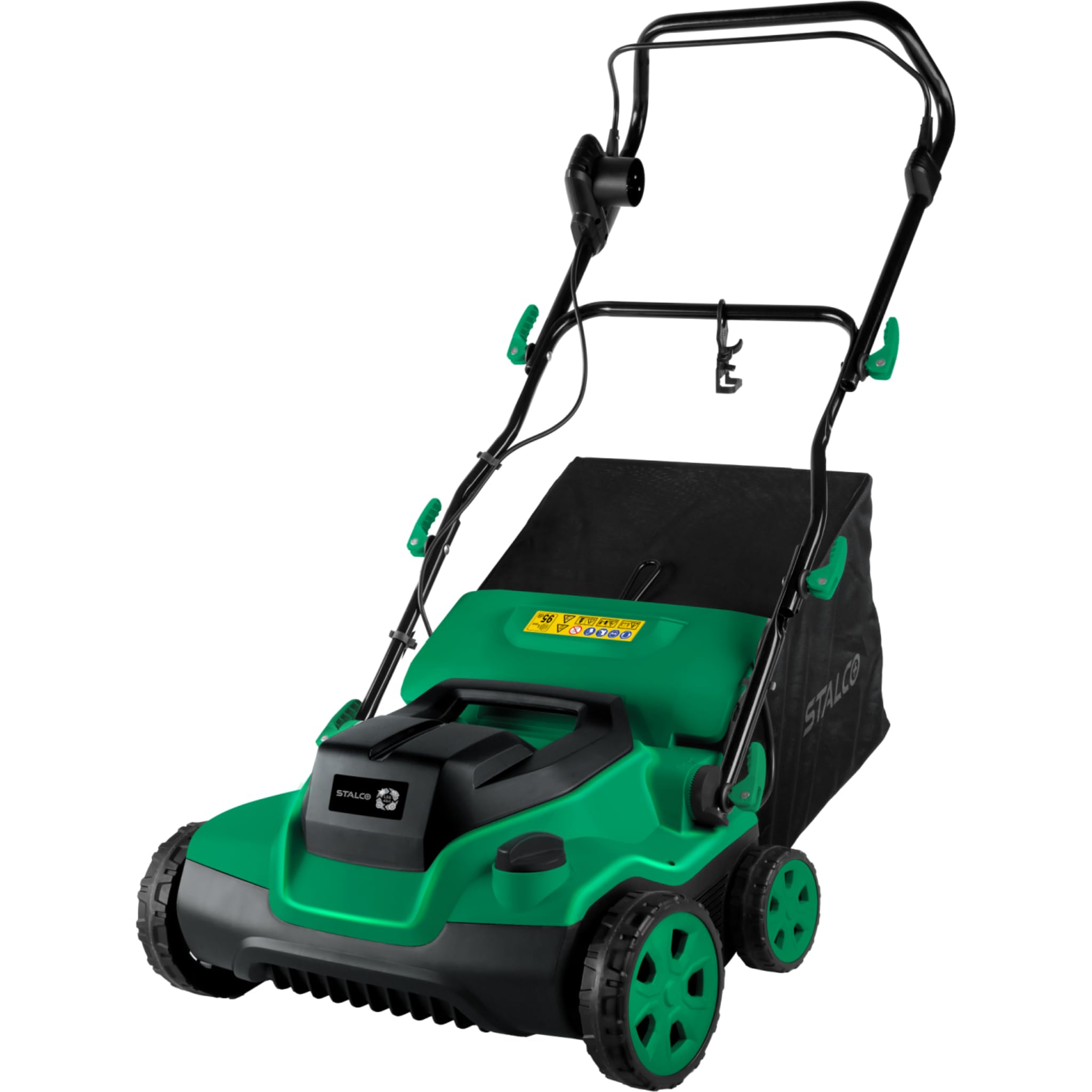 STALCO LSS4in1 Scarificateur 1600 W 38 cm 4 en 1 aérateur de gazon, éliminateur de mousse, collecteur de feuilles et balayeuse, réglage central de la hauteur de -12 à +8 mm, panier collecteur de 50 l