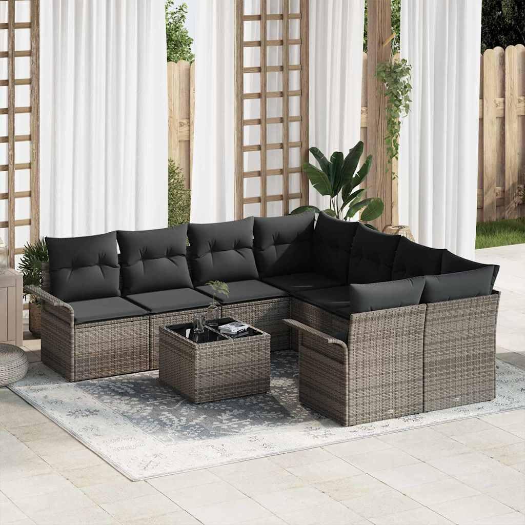 Set di divani da giardino in polyrattan, 9 pezzi, grigio, con