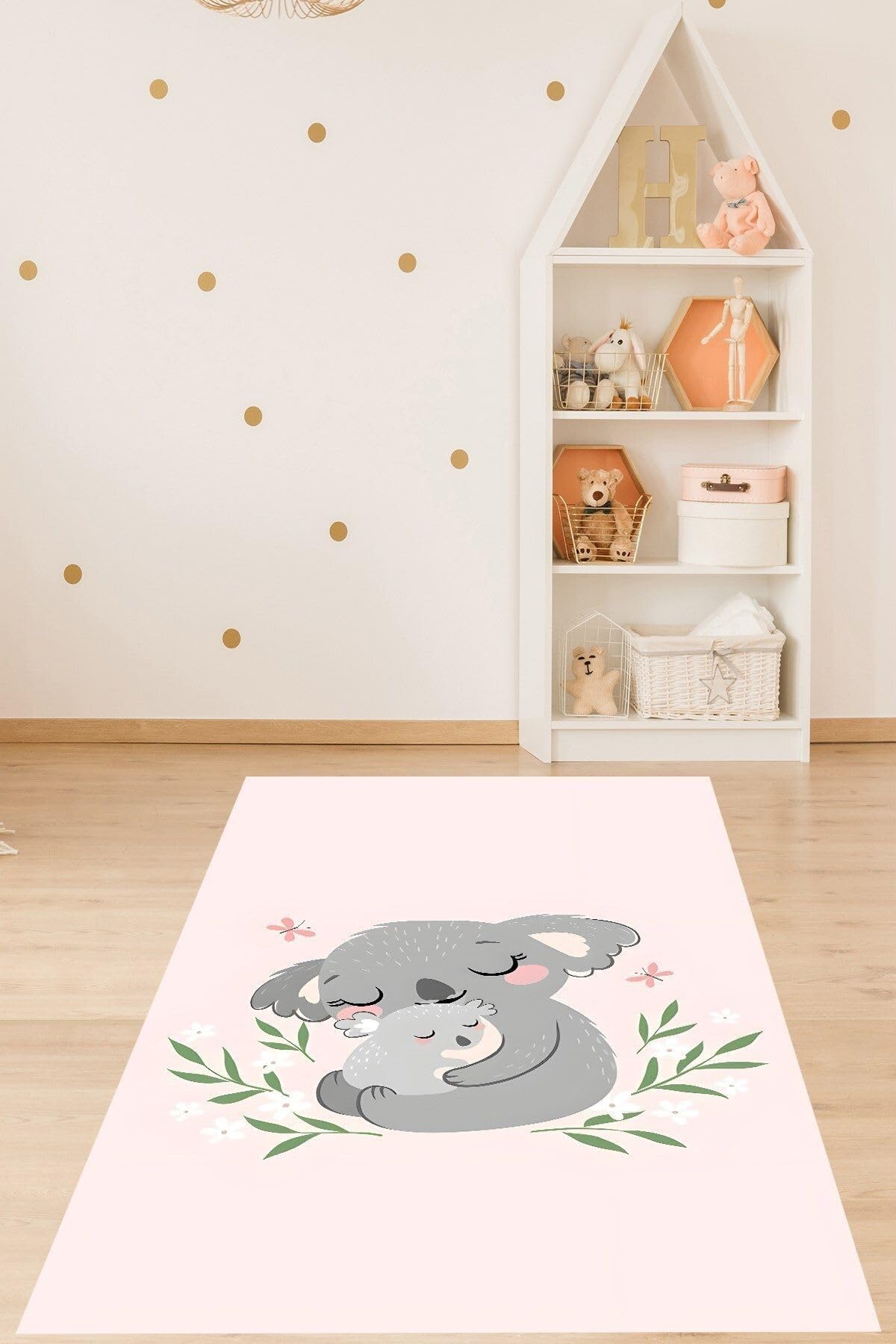 Pelangi Koala ve Yavru Koala Hayvan Desenli Yıkanabilir Kaymaz Taban Leke Tutmaz Çocuk Odası Halısı, Pembe-Gri 120 x 180, 9076420233120180