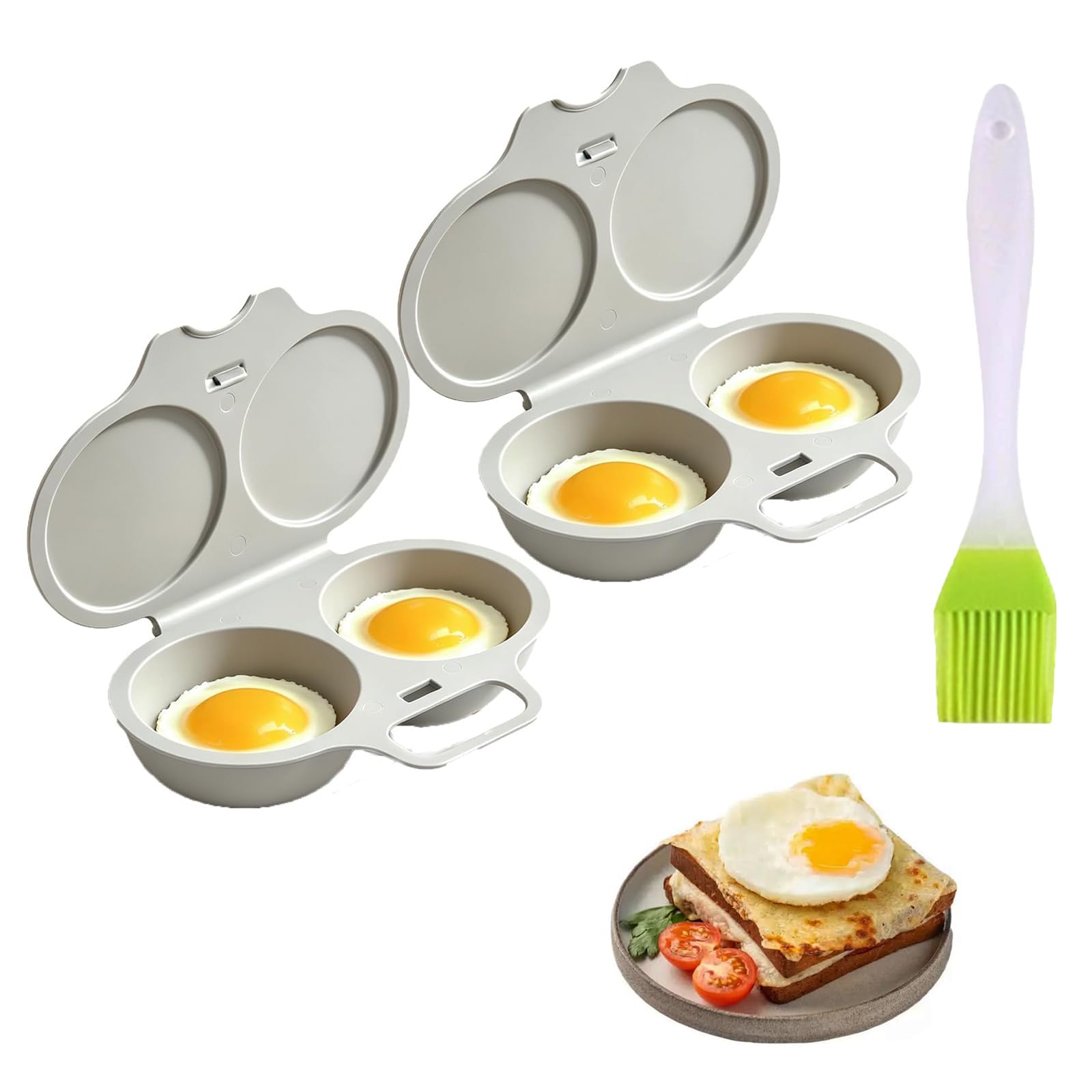 Microwave Egg Poacher with Lid,Handle and Brush (Gray, 2PC)