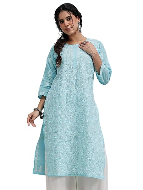 Ada Women's Cotton Straight Fit Straight Hand Embroidered Lucknowi Chikankari Kurta Kurti A411165