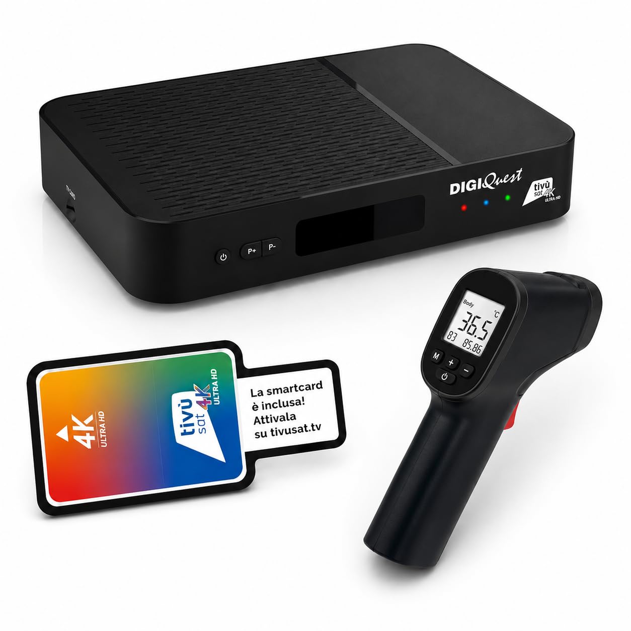 DIGIQUEST AX3_tivùsat universal con termómetro láser incluido | Combo 4K con triple sintonizador DVB-T2 HEVC Main10, DVB-S2 Powered by Android TV™ | Control por voz | Google Cast™ | Smartcard tivùsat