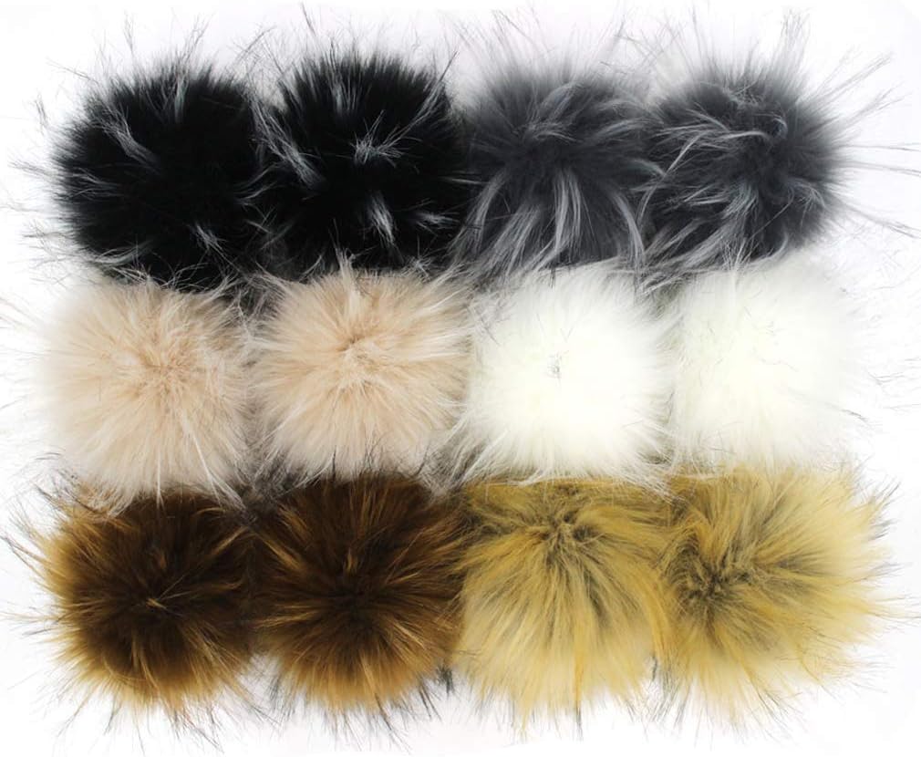 SUSULUDIY 12pcs Faux Raccoon Fur Pom Pom Ball with Elastic Cord Fluffy Pompoms for Knitting Hat Accessories 4.3in (Popular Mix)