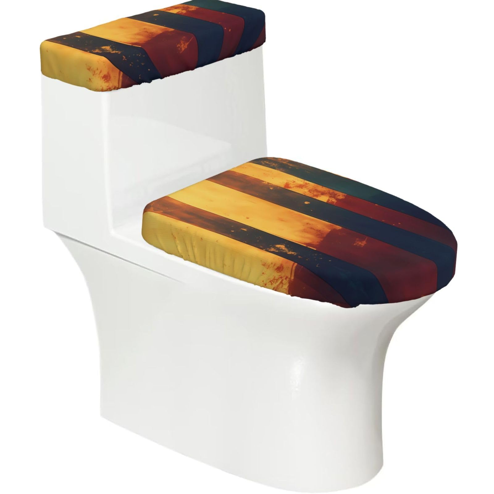 Wzycwb Black Sunset Stripes 2-Piece Toilet Seat Cover Set With Tank Lid, Elastic Fit For U-Shape & Elongated Toilets, Bathroom Decor, Housewarming Gift