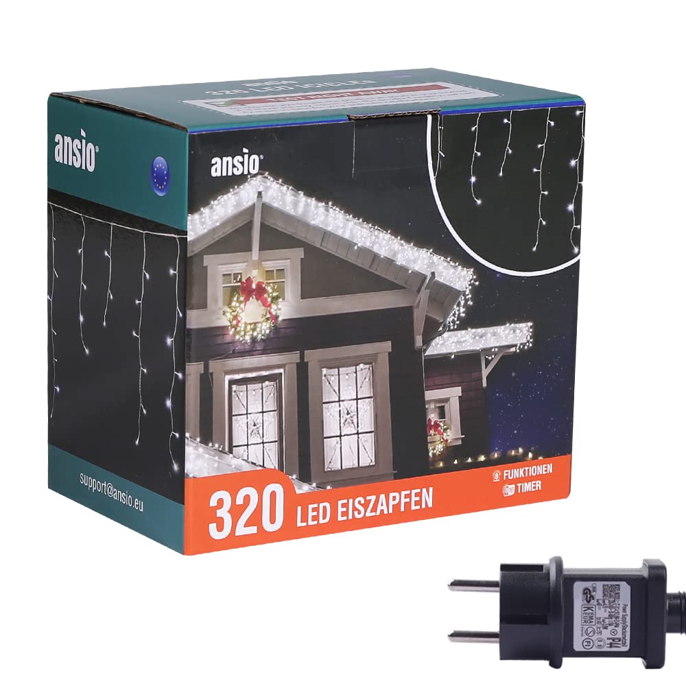 ANSIO® Lichterkette Außen Eisregen 11m 320 LED Eiszapfen Lichterkette Außen Lichtketten Strom Für Weihnachten, Balkon, Weihnachtsdekoration | Kaltweiß Weihnachtsbeleuchtung | Klar Kabel