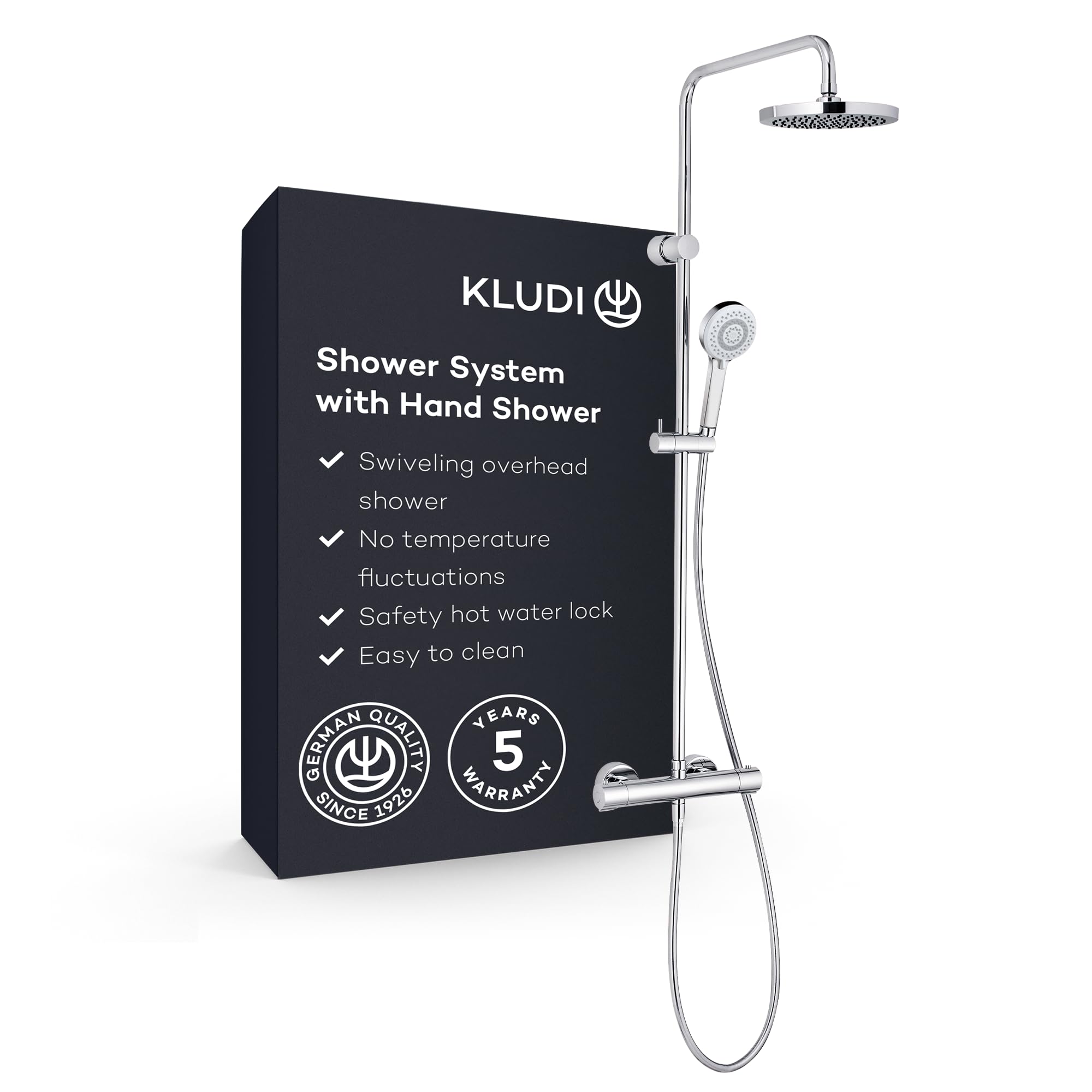 KLUDI -X3 system prysznicowy z termostatem, deszczownicą (20 cm), kompletny zestaw z armaturą prysznicową, słuchawką prysznicową z wężem, słuchawką prysznicową i drążkiem prysznicowym, głowica