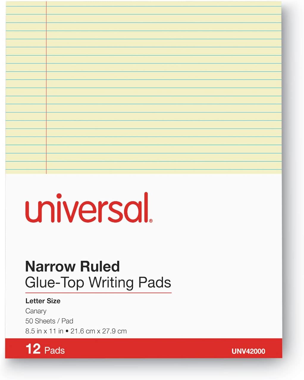 Universal 42000 Glue Top Writing Pads, Narrow Rule, Ltr, Canary, 50 Sheet Pads/Pack, Dozen