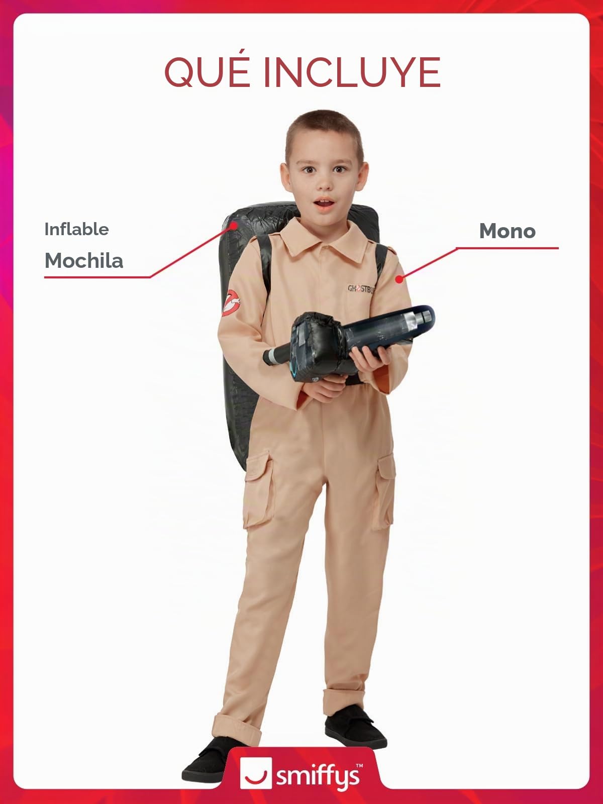 Smiffys Disfraz de Cazafantasmas de niño, Mono y mochila inflable Halloween, Carnaval