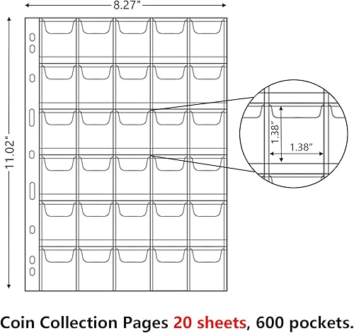 Miniatura 3 de 600 bolsillos para monedas, 20 hojas de páginas para monedas, suministros de recolección de monedas con 9 agujeros estándar, hojas de monedas de
