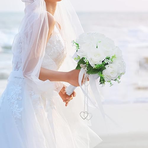 Miniatura 6 de LEIFENY Ramos de boda para novia, ramos de novia para novia, ramo de dama de honor para boda, ramos de flores de boda con cinta de seda y diamantes