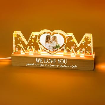 Personalized Mothers Day Decor Gifts for Mom, Custom Photo Acrylic Plaque, Birthday Gifts for Mum from Daughter Son, Customized Picture Frame with LED Night Light