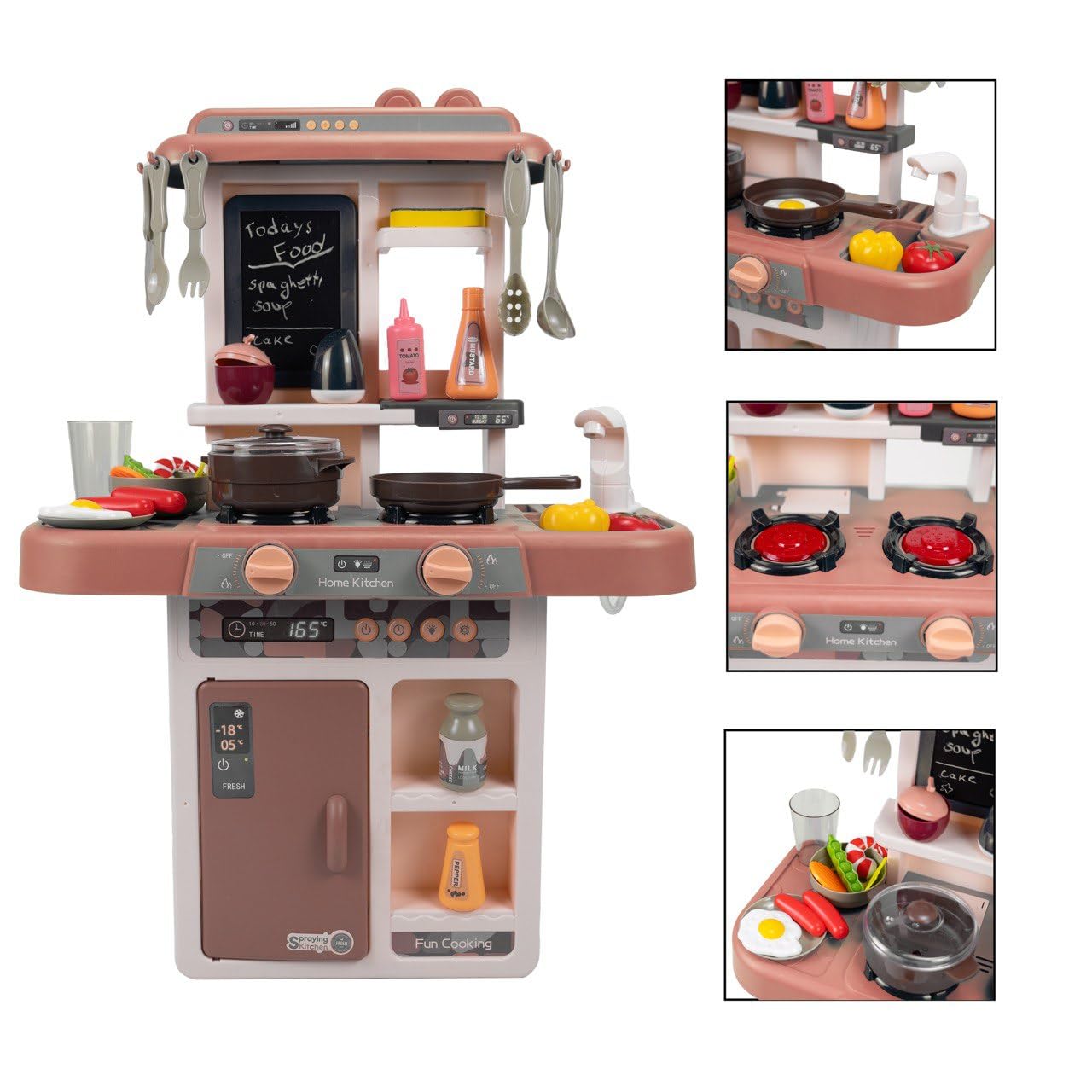 Cocina de Juguete niños Unisex, Incluye 36 Accesorios, fogones eléctricos con simulación de Fuego, Grifo con Bomba de Agua, Pizarra y Mucho más Juguetes + 3 años (Marrón)